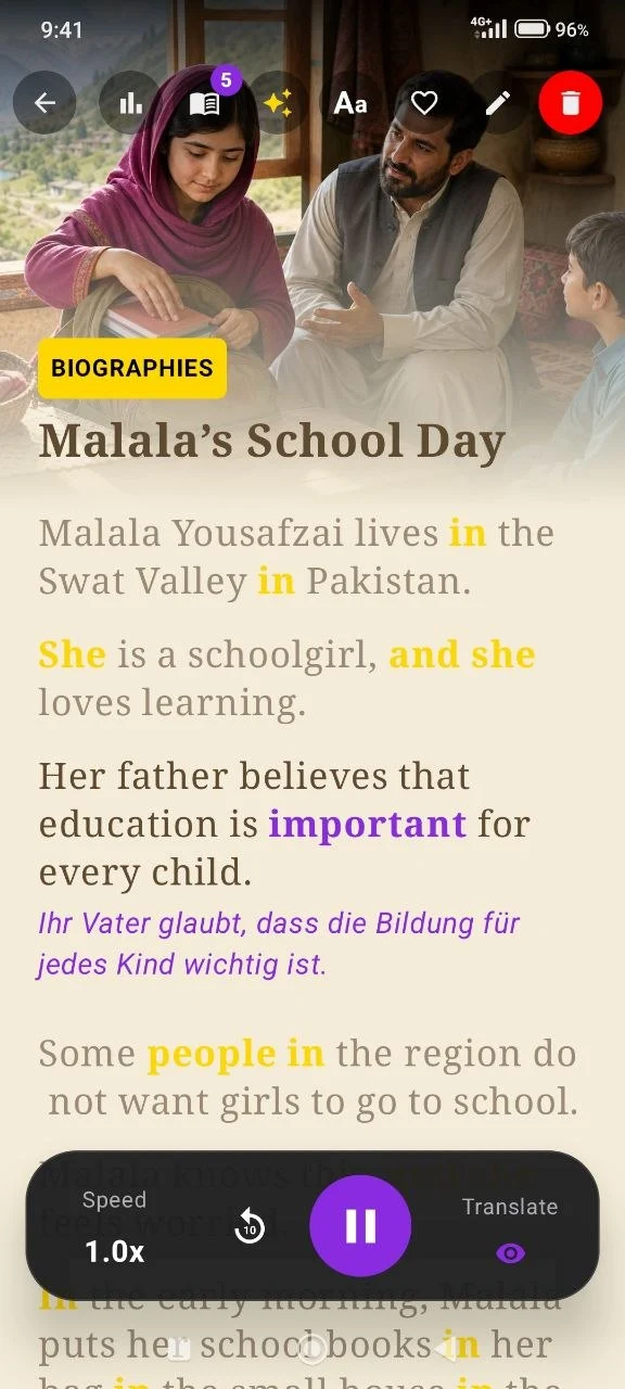 SmartReader Reader with an English story, sentence translation and audio controls